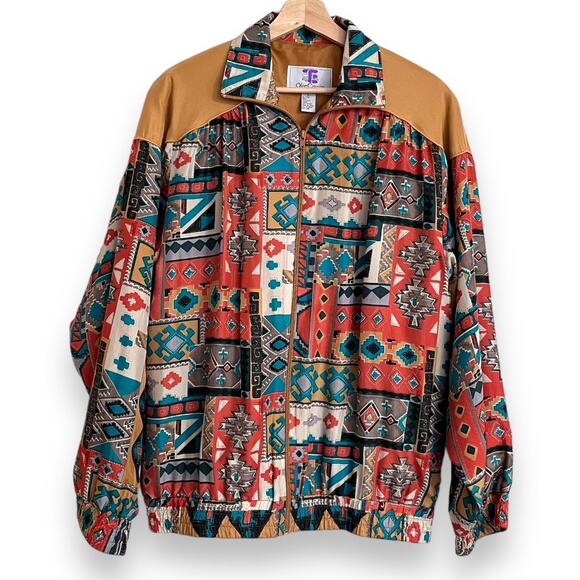 Vintage Oleg Cassini 100% Silk Western Print Full Zip Collared Jacket Women's L - Picture 1 of 8